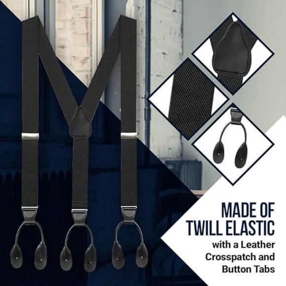 Hold’Em 1 3/8” Twill Elastic Suspenders for Men Leather Trimmed Button -Burgundy - Picture 3 of 7